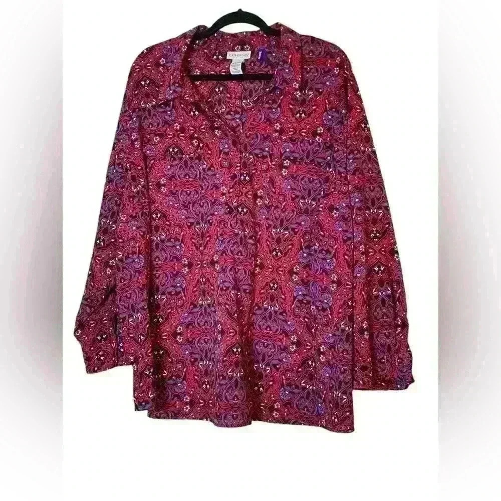 Catherines Business Casual 3‎ Button V-neck Red/Black/Blue Shirt 3/4 Sleeve 3XWP